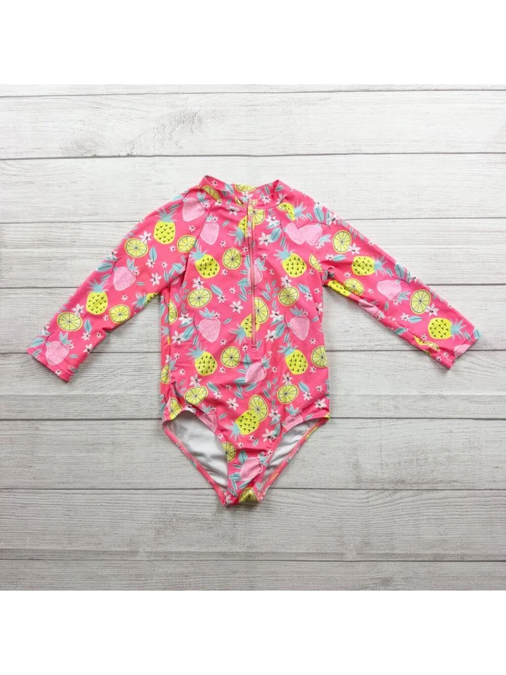 Berkley Jensen Girls One Piece Long Sleeve Swimsuit Pink Fruit Print UPF 50+ 7-8